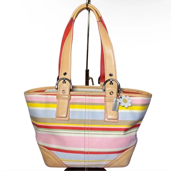 Vintage 2004 Coach Hamptons Daisy Multicolor Striped Handbag Cotton Leather Y2K - Picture 1 of 16